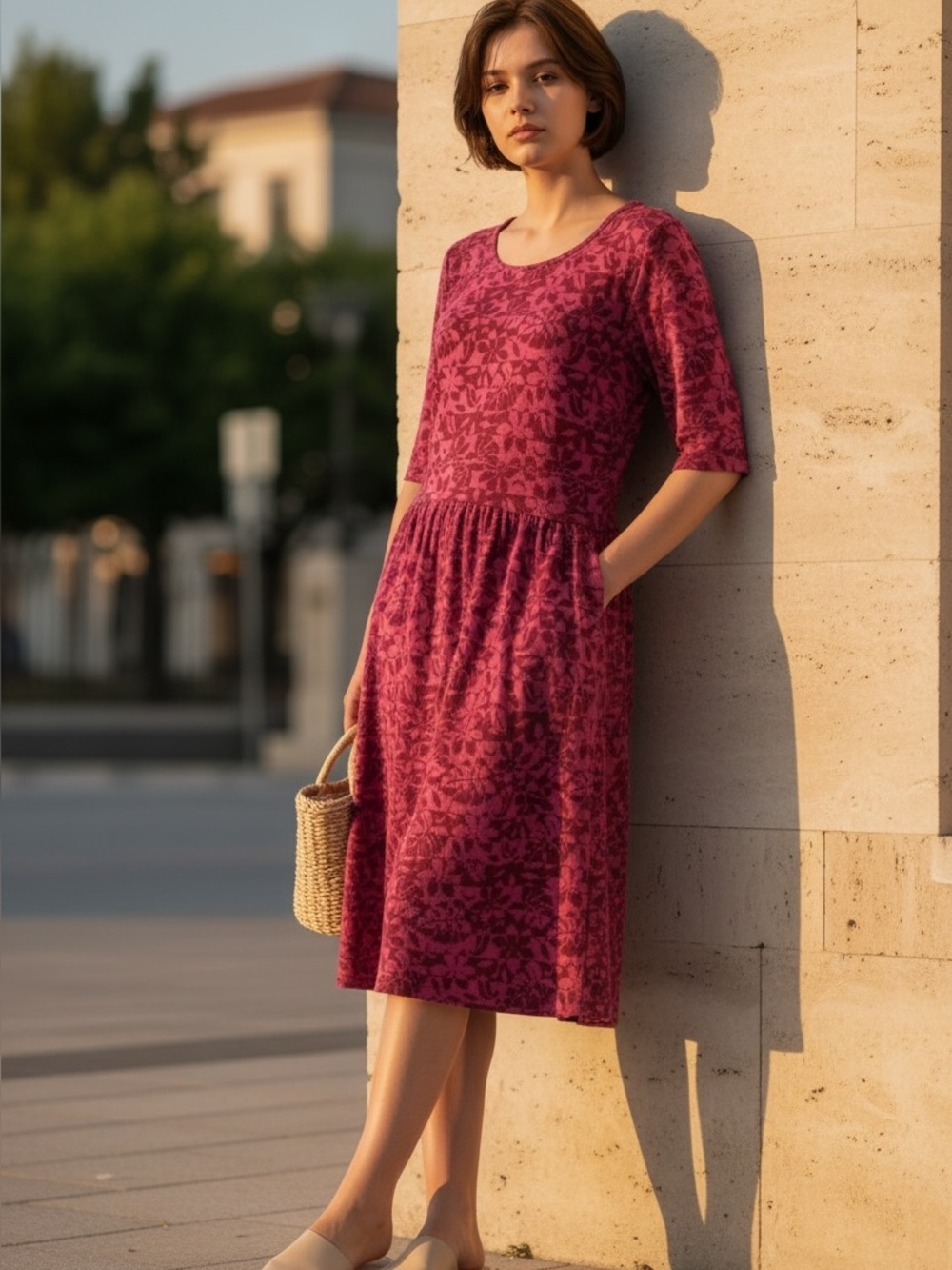 LANDS’ END fit and flare pink burgundy sz Medium, pockets, half-sleeves, cotton